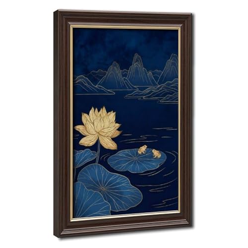 Poster indigo doré de lotus et grenouille japonais 40x61 cm