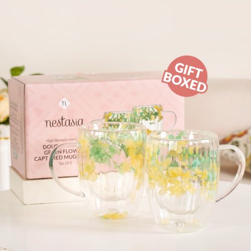 Image of Nestasia Double Wall Glass Mug with Dried Flowers Set of 2 (350ml Each) - Transparent Borosilicate Floral Glass Tea Cups | Lightweight & Durable Coffee Mugs - Perfect for Gifting (Yellow & Green)