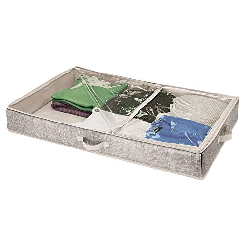 mDesign Cajón para Debajo de la Cama – Cajas bajo Cama con Cubierta Transparente para Ropa o sábanas – Organizador de Ropa para Guardar bajo la Cama y Proteger del Polvo – Gris Oscuro/Transparente