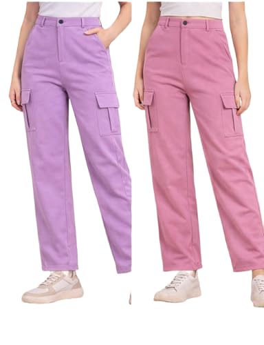 Image of Women's Cargo Pants High Waisted Baggy Wide Leg Cargo Trousers Casual Loose Fit 4 Pocket Utility Streetwear Fashion Work Bottoms, White Black Pink Lavender Beige Brown