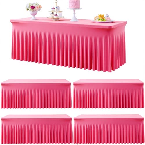 Image of Outpain 6ft Spandex Table Cloth for Standard Folding Tables-4Pack Hot Pink Table Cloth Table Protector for Party, Wedding, Cocktail, Banquet, Festival