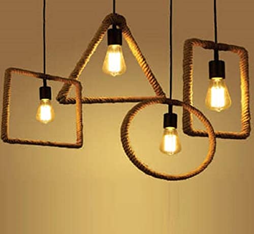 Image of Vintage Style 4 Shapes Chandelier Pack of 4 Lamp Rectangle, Triangle, Round, Square Hanging Pendant Ceiling Decorative Roof Light with Rope.(Without Bulb)