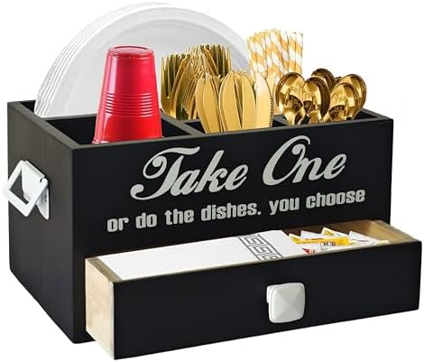 Rustic Wood Paper Plate Dispenser & Utensil Caddy - 6-Compartment Kitchen Counter Organizer - View #11