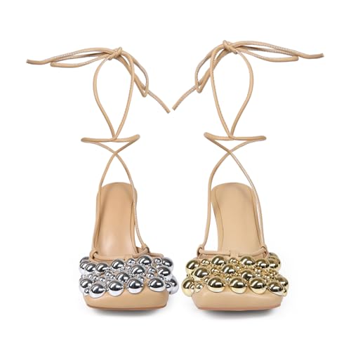 Image of Saint Leia Women's 4IN High Heel Sandals Nude Stiletto Pumps with Gold Silver Pearls Heels for Weddings Parties and Evening Wear