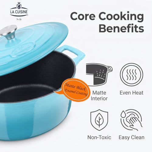 Image of La Cuisine Enameled Cast Iron Oval Dutch Oven Casserole Pot with Lid 5 QT Internal Matte Black Enamel Coating for bread baking For GlassTop Oven-Safe 550F /276C 2-ToneTeal