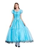 Design : inspirée de la robe emblématique d'Alice, cette robe se décline dans une palette bleu ciel et présente une coupe vintage inspirée des robes de cour. L'encolure est bordée d'une délicate dentelle blanche, tandis que le devant est orné d'une rangée de boutons noirs anciens. Les manches bouffantes ajoutent une touche ludique et la jupe ample est bordée de dentelle noire, reproduisant fidèlement les détails des contes de fées.