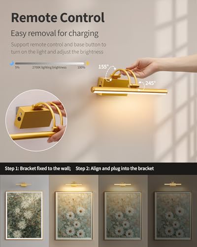 Image of KDG LED Wireless Wall Picture Light with Remote, 5200mAh Rechargeable Dimmable Art Lighting, Adjustable Swing Arm, Picture Frame Light for Gallery, Living Room, Hallway, 13.5 inch, Gold