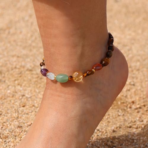 Image of 7 Chakra Crystals and Stones Anklet Irregular Tumbled Gems Beaded Ankle Bracelets for Women Spiritual Energy Meditation Yoga Healing Jewelry Mom's Gifts