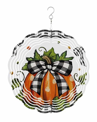 Plants Wind Spinners, Orange Pumpkin Bow Black Buffalo Plaid Hanging Wind Spinners for Yard and Garden 3D Stainless Steel Metal Sculptures Crafts Ornaments 10 Inch