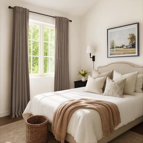 INOVADAY 100% Blackout Curtains 96 Inches Length 2 Panels Set, Back Tab/Rod Pocket Linen Black Out Curtains for Bedroom, Thermal Insulated Window Drapes - Flaxen Brown, W50 X L96