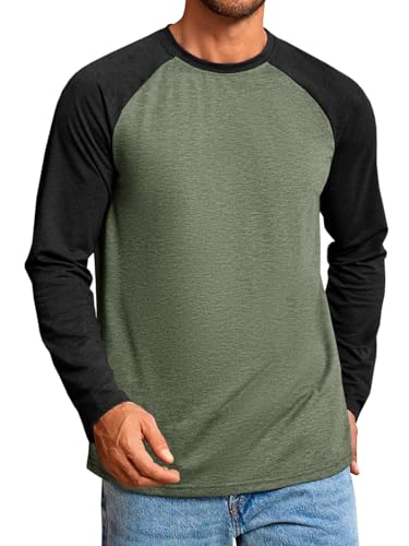 Runcati Mens Baseball Shirt Casual Raglan Long Sleeve Crewneck Graphic T-Shirt Lightweight Vintage Tops Army Green