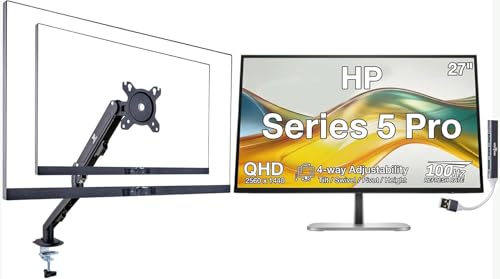 Image of HP Series 5 Pro 27 Inch QHD IPS Monitor with 5ms Response Time | 4-way adjustability, Anti-Glare, Flicker Free, VESA Mount 100mm, Displayport, HDMI, Silver /Black w /DKZ Hub & Single Mount Arm