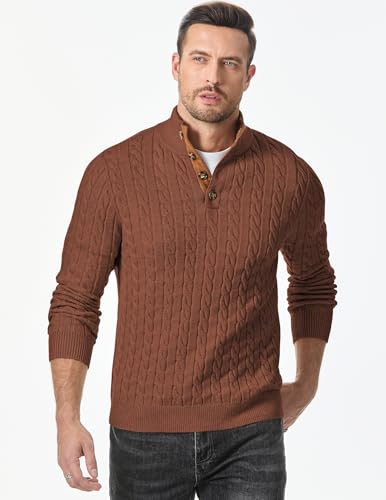 Image of JMIERR Men's Cable Knit Pullover Sweater Casual Long Sleeve Stand Collar Button Knitted Sweaters