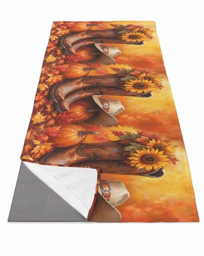 BOSIJOY Yoga Mat Towel,Fall Thanksgiving West Cowboy Boot Non Slip Sweat Absorbent Hot Yoga Towels with Corner Pockets,Sunflower Pumpkin Maple Leaf Soft Microfiber Towel for Pilates Bikram 74