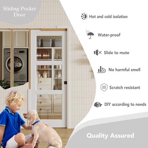 Image of Sliding Pocket Door with Lock, 32 inch x 80 inch, 3-Lite Clear Tempered Glass Pocket Doors with Frame and Hardware Kit Set, Interior Door Slab, White Primed - No Panel Assembly Required