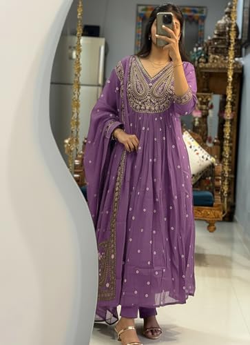Image of ANNI Designer Women's Rayon Viscose Printed Embroidered Anarkali Kurta with Pant & Dupatta | Ethnic Kurti Set with Embroidery | Soft Comfortable Fabric | Stylish Outfit for Festive, Office