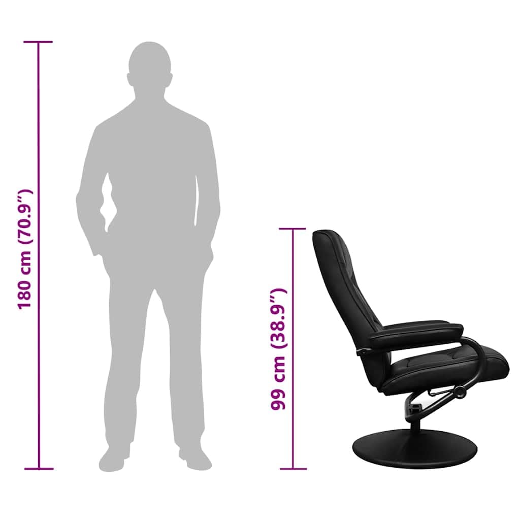 Fotel TV z podnóżkiem, czarny, sztuczna skóra, regulowane oparcie, rama z drewna, metalowa, obrotowa, ergonomiczna, do salonu, biura, czytania i relaksu