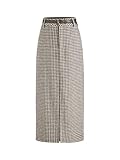 CIDER Skirts for Women Houndstooth Plaid Skirts with Belt Cotton Blend Mid Waist Maxi Skirt Long Skirt Brown