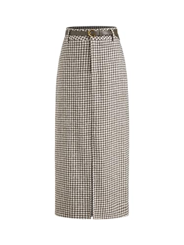 CIDER Skirts for Women Houndstooth Plaid Skirts with Belt Cotton Blend Mid Waist Maxi Skirt Long Skirt