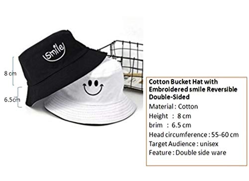 ThailandGoods Cotton Bucket Hat with Embroidered Smile Reversible Double-Sided Outdoor Summer Cap, Hiking, Beach, Sports (Black&White)