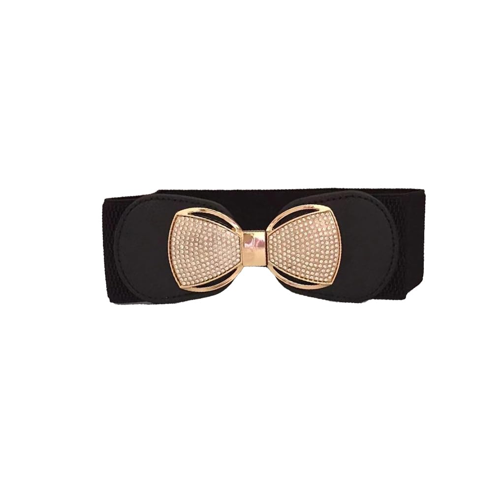 Zibuyu® Wide Elastic Belt for Women® Bowknot Faux Leather Waist Belts with Gold Tone & Diamond, Stretch 65-85cm, 6cm Width, Black, Snap Closure, Perfect for Dresses, Jeans, Office & Casual Wear-image-18