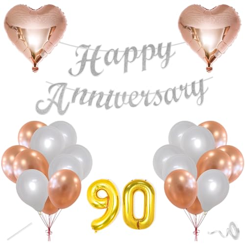 Image of Flyloons 90th Happy Anniversary Decoration Items Rose Gold White for Men Women Husband Wife Mom Dad Parent Couple Home Bedroom Car With 20 Pcs Metallic Balloons Anniversary Banner 2 Pcs Heart Set Kit