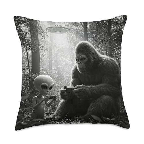 Alien and Bigfoot playing video games UFO sasquatch funny Throw Pillow