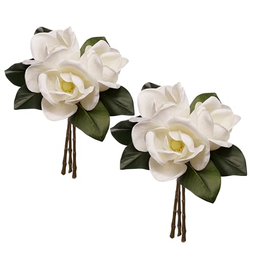 FlorisDecor 6 Stems Real Touch Creamy White Magnolia Flowers for Vases Artificial Realistic Magnolia Large Flowers for Home Dcor