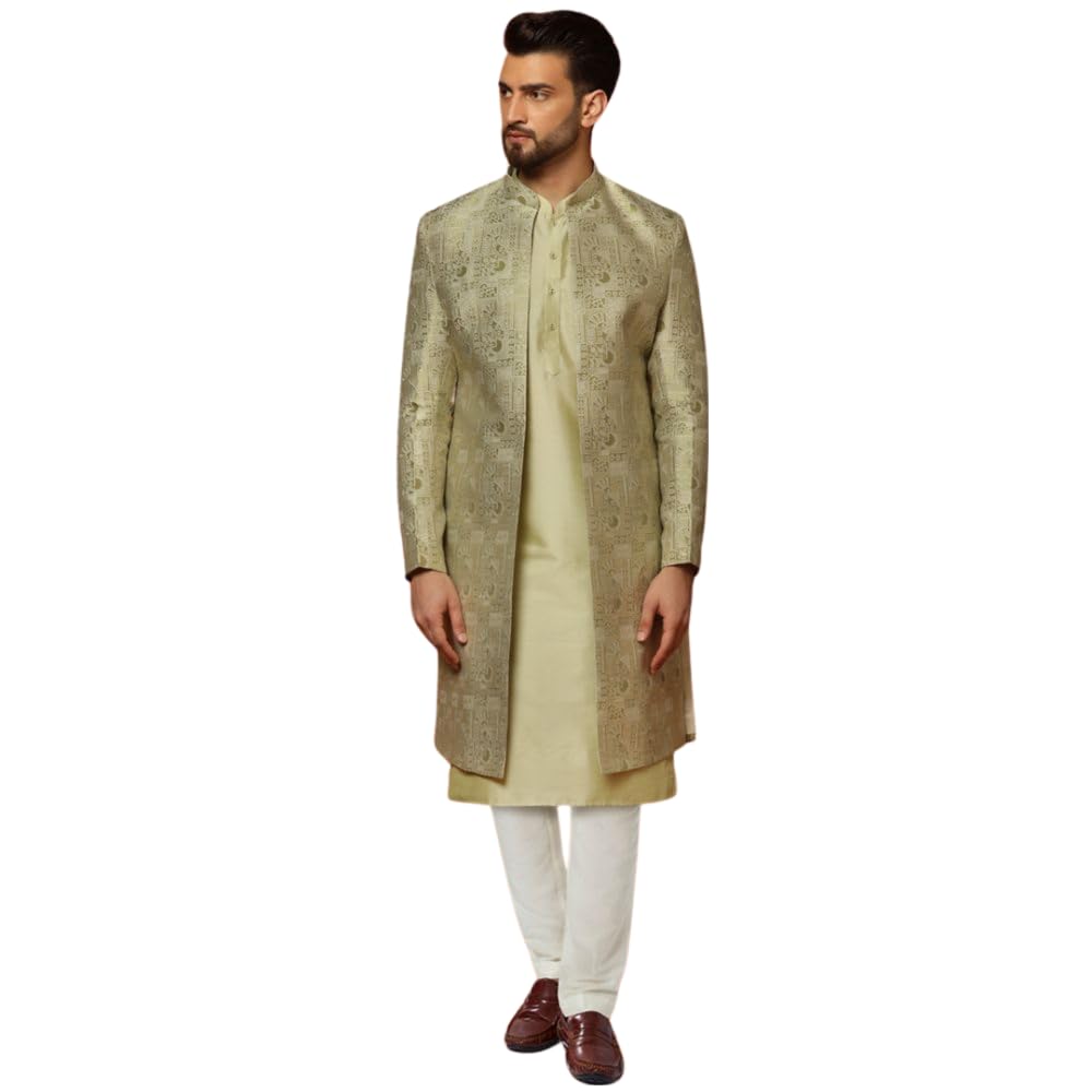 Men's Kurta Indo-Western Sherwani Trouser Set, Green Cotton, Jacquard Regular Fit Mandarin Collar Long Sleeves-image-5