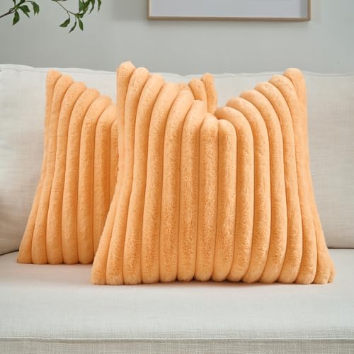 FUTEI Orange Striped Decorative Throw Pillow Covers 22x22 Inch Set of 2,Square Fall Decorations Couch Pillow Case,Soft Cozy Faux Rabbit Fur & Velvet Back,Modern Home Decor for Bed