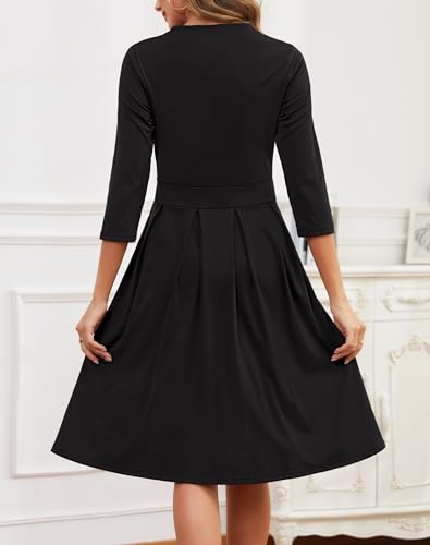 Zattcas Women 3/4 Sleeve Vneck Fall Dress Business Casual Work Teacher Church Modest Pleated Midi Dress with Pockets4