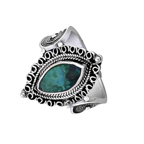 Sterling Silver Filigree Blue Green Eilat Stone Marquise Ring