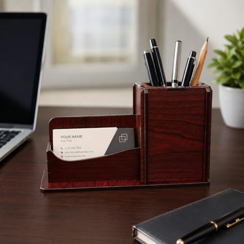 Image of Zesta Wooden Desk Organizer Pen Stand Remote Holder Card Slot | Table Accessory Office Desk Study Room | Pencil Storage Stand Stylish Workspace Decor (Rosewood, Card Holder + Pen Holder)