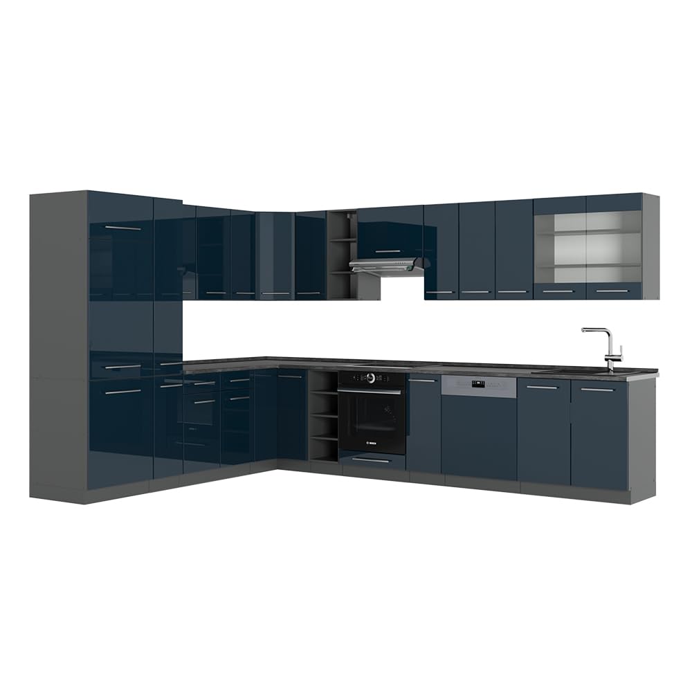 Vicco Cuisine d'angle Fame-​Line, Bleu foncé Brillant/​Anthracite, 347x46cm sans PT, pour Une Planification de Cuisine Flexible et Une Extension modulaire