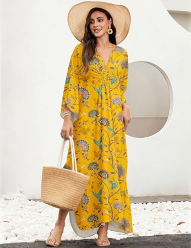 Image of MAKABO Kaftan Dresses for Women, V Neck Moo Moos Colorful Print Cover Ups Caftan Beach Dresses for Swimwear
