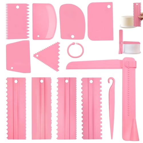12 Pcs Adjustable Cake Smoother Set Plastic Cake Decorating Tools Comb and Dough Scrapers for Baking Pastries (Pink)