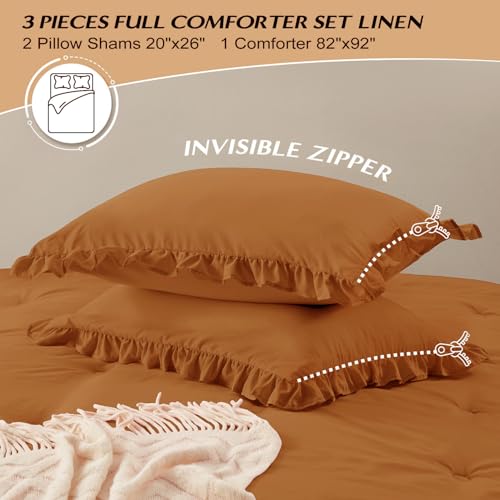Image of HARBOREST Full Comforter Set Burnt Orange - Ruffle Comforter for Queen Size Bed, Fluffy Queen Size Comforter Set for All Seasons, 3 Pieces(1 Comforter & 2 Pillow Shams)