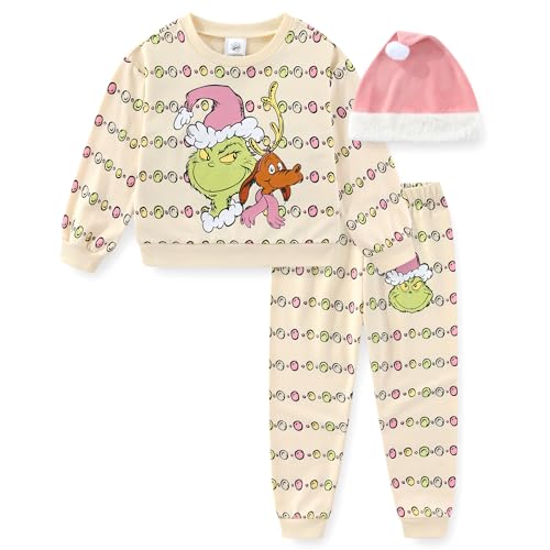 Dr. Seuss Grinch Christmas Girls Santa Hat Sweatshirt and Pants Set 3 Piece for Big Kids