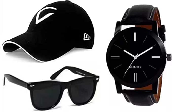 ADNOCK Combo Black Dial Analogue Leather Strap Watch with Virat Inspired Adjustable Cap & Aviator Wayfarer Sunglasses Pack of-3 (B0BMVST959) Amazon Price History, Amazon Price Tracker