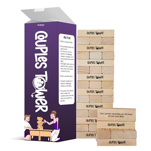 Couples Tower Stacking Wooden Block Game for Grown Ups | Couple Truth or Dare Questions | Exciting, Pleasing, & Funny | Naughty Tower Bedroom Game For Adult Couples | Games For Date Night (54CT)
