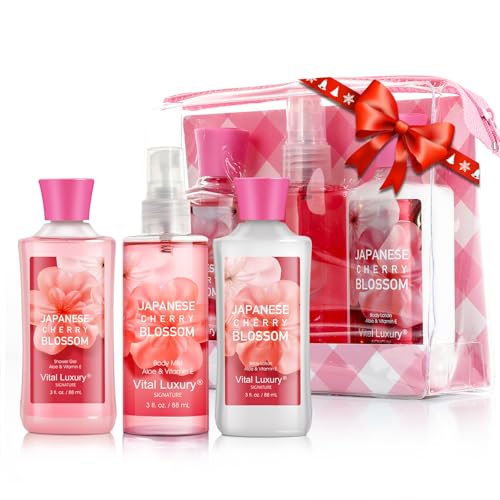 Vital Luxury Bath & Body Care Travel Set - Home Spa Set with Body Lotion, Shower Gel and Fragrance Mist, Personal Body Care Travel Set for Birthday Christmas New Year Gifts(Japanese Cherry Blossom)