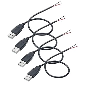 4Pcs USB A Male To 2 Pin Bare Wire 11inch, 20AWG 5V/5A 2