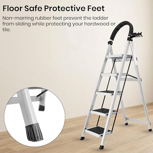 Image of Casa Copenhagen White 5 Step Ladder for Home Use with Built-in Tool Tray | Heavy Duty D Shape Rods | Ultra Large Platform | Wide Rubber Feet | 150Kg Capacity Foldable Ladder - 7 Years Warranty