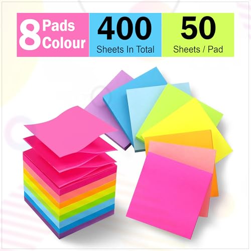Image of GLUN 3x3 Inch Super Sticky Notes Pack 400 Sheets Multicolor Neon Self-Adhesive Memo Pads, Strong 2X Adhesion for Office, School & Home Use