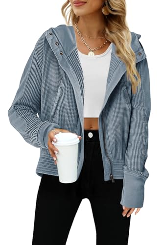 Yanekop Cropped Zip Up Hoodie Women Waffle Knit Fall Jackets Casual Corduroy Jacket 2025 Fall Outfits with Pockets