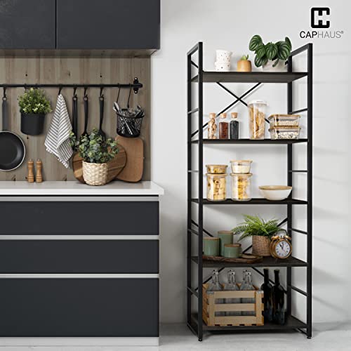 Image of CAPHAUS 5 Tier Bookshelf, 24 Inch Width Free Standing Shelf, Bookcase Shelf Storage Organizer, Industrial Book Shelves for Home Office, Living Room, Kitchen, Black Vintage Shelves & Metal Frame