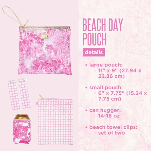 Image of Lilly Pulitzer Water Resistant Vinyl Beach Day Pouch, Zipper Bag Includes Drink Hugger, Small Pouch, and Towel Clips (Palm Beach Toile)