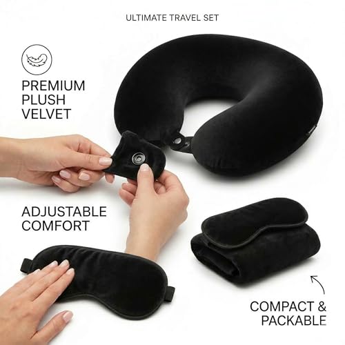 Image of Travel Neck Pillow for Adults, Fiber Filled U-Shaped Neck Support Pillow with Button Closure, Soft Plush Neck Cushion for Airplane, Car, Office & Travel (Black)