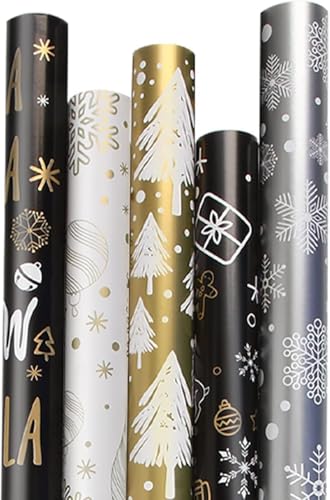 SULOLI 5 Rollos Papel de Regalo de Navidad，Papel Envolver Navideño Reciclables，Papel de Navidad para Regalo，Decoración Festiva（5 Estlios）