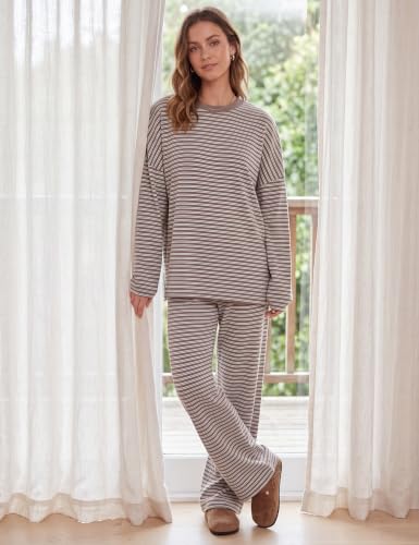 Image of MISSACTIVER Women's 2 Piece Striped Lounge Set Long Sleeve Oversized T-Shirt Wide Leg Pants Matching Pajamas Set